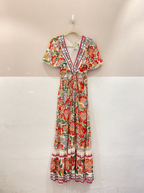 Vestido longo floral recortes Farm P